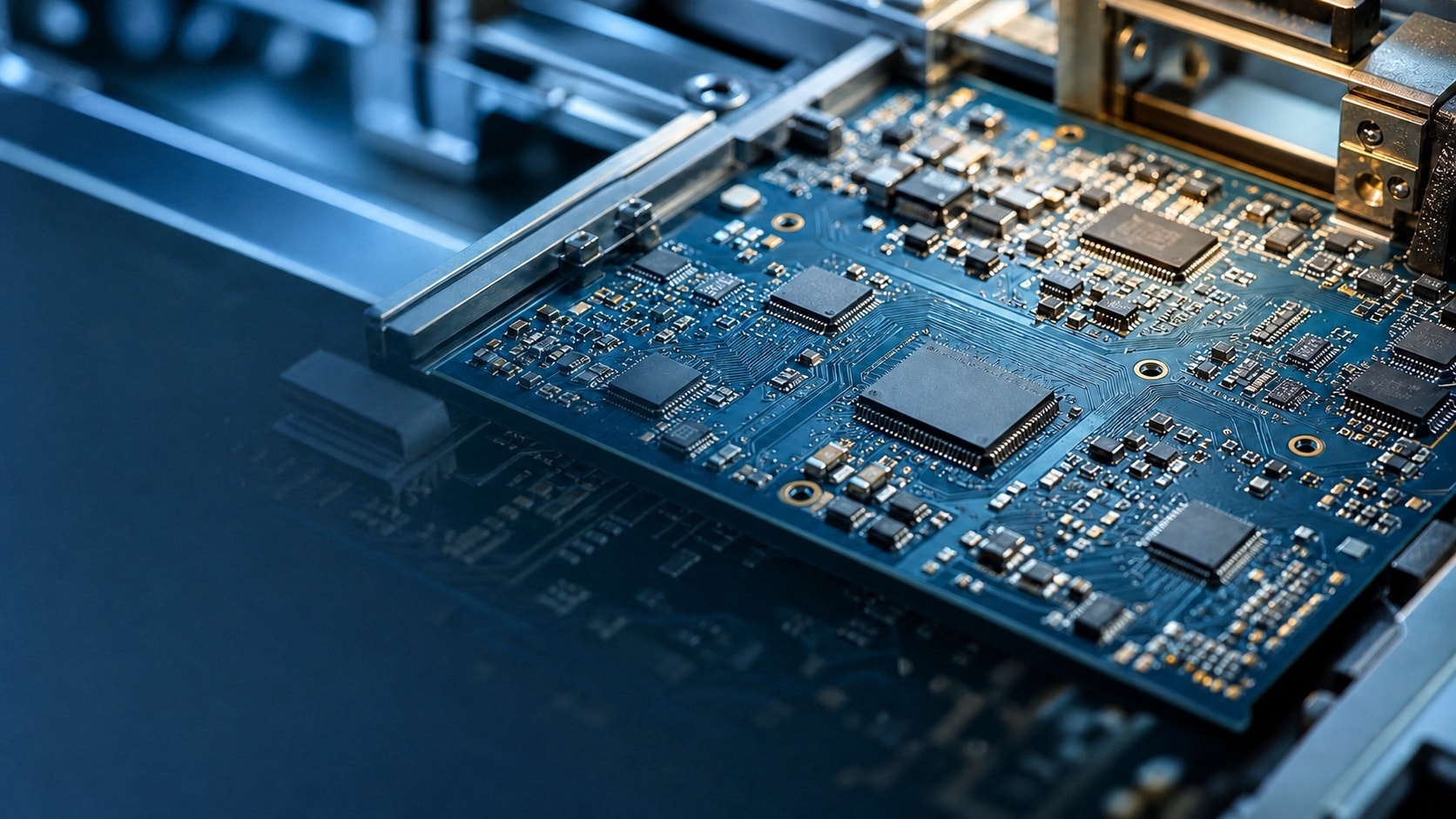 Placa de circuito avanzando por una línea de producción electrónica